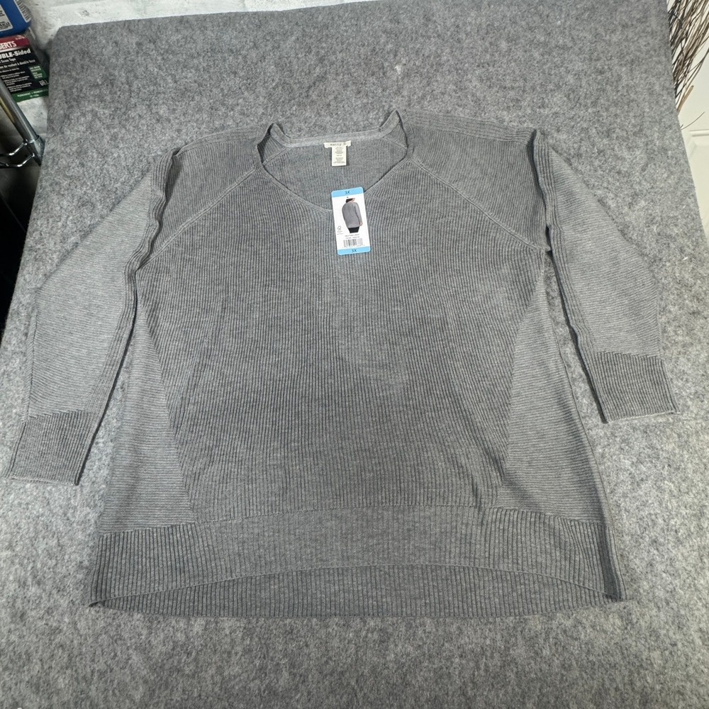 Matty M Womens V-Neck Mixed Rib Knit Sweater Heather Gray MS92850M Plus 3X NWT